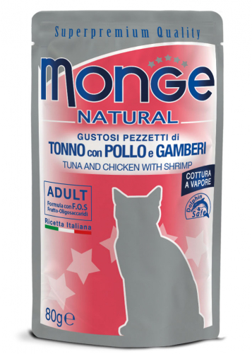 Monge cat adult Natural Tuna and Chicken Flakes with Shrimp 80g pouch