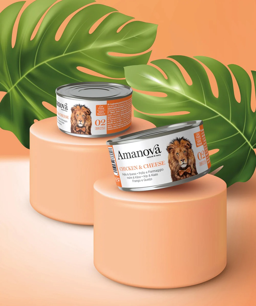 Amanova 02 kana ja juust puljongis täiskasvanud kassidele 70 g purk