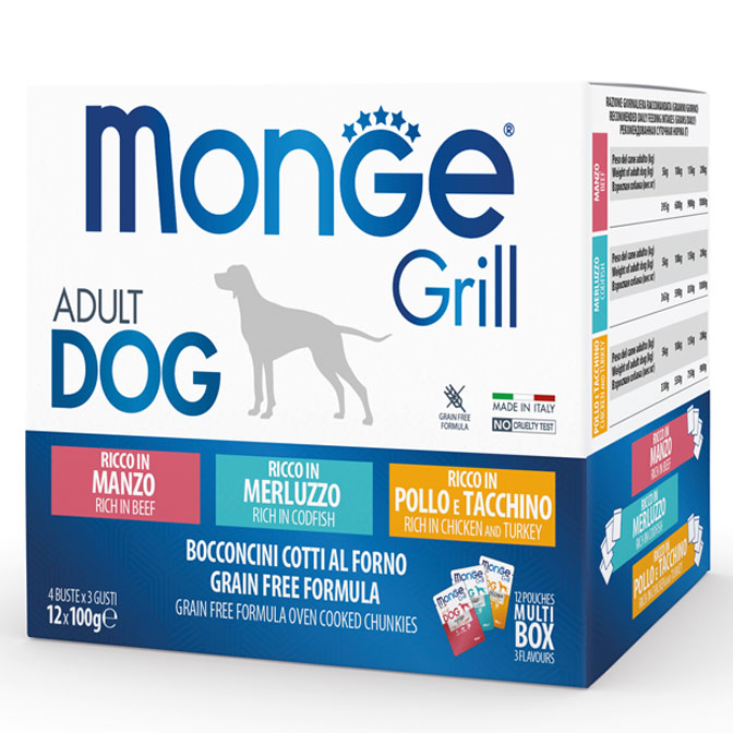 Monge dog adult Grill Mix multipack chicken-turkey/beef/cod 100g pouch