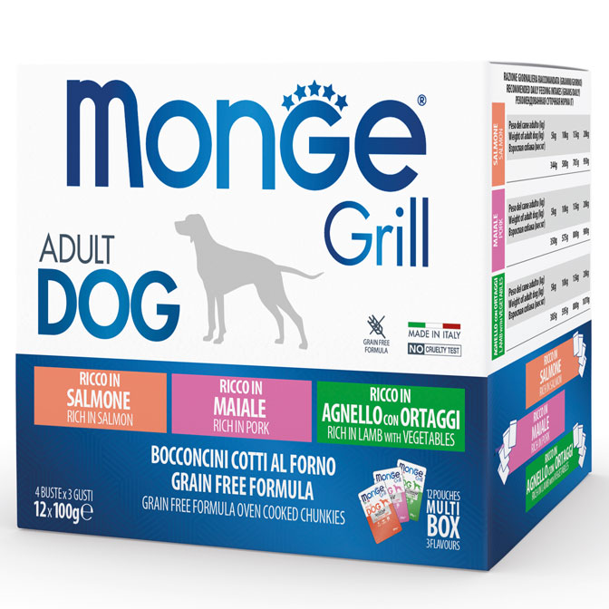 Monge dog adult Grill Mix multipack lamb, pork, salmon 100g pouch